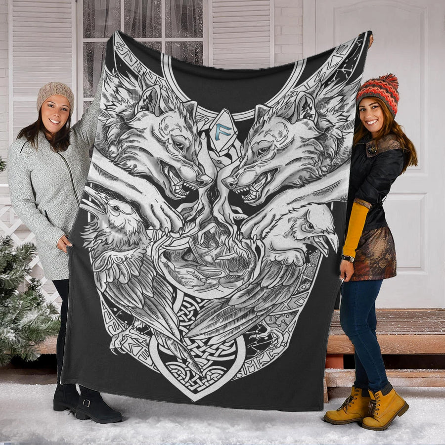 Viking Premium Blanket - Ansuz Rune, Wolf And Raven Tattoo A31
