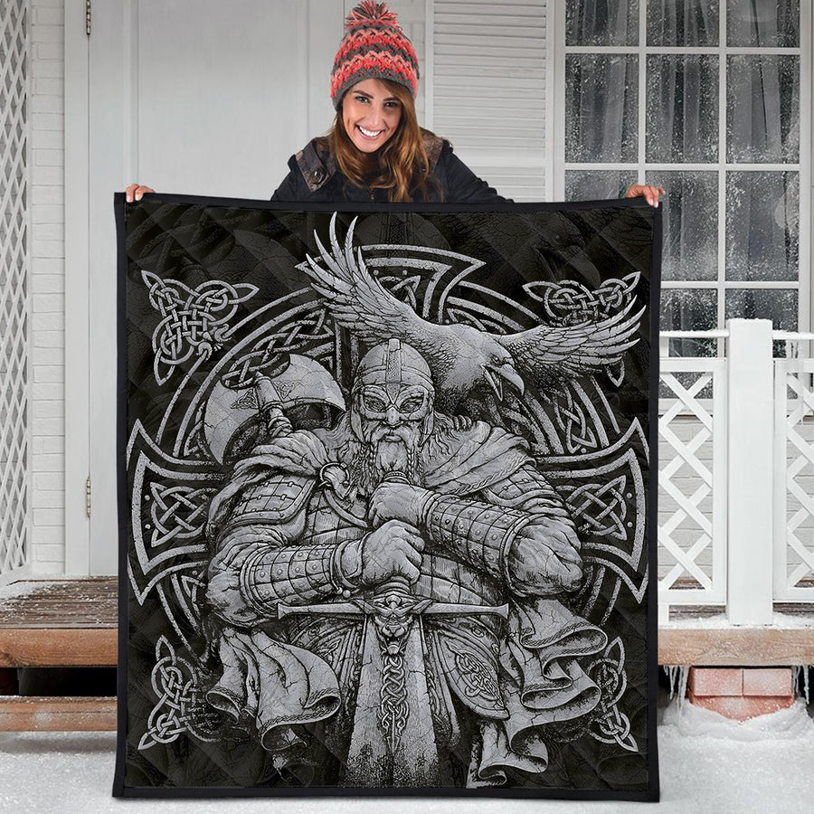 Ligerking Premium Quilt - Viking Odin Tattoo and Raven Round Vector Style Premium Quilt A35