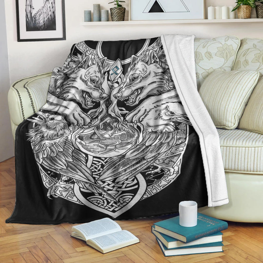 Viking Premium Blanket - Othala Rune, Wolf And Raven Tattoo A31
