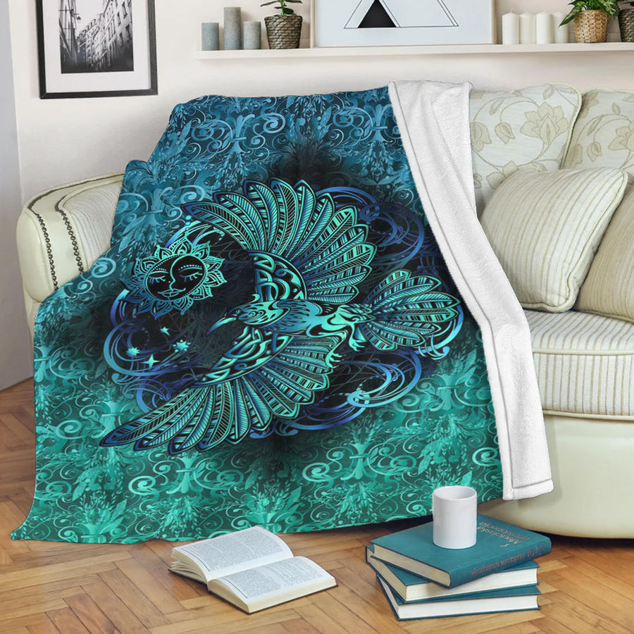 Ligerking Premium Blanket - Odin's Celtic Raven on the Background Yggdrasil Tree Cyan Celtic Tattoo Premium Blanket A35