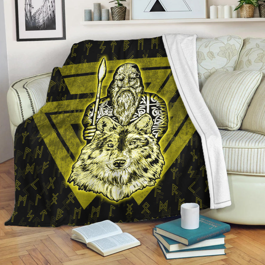 Ligerking Premium Blanket -Viking Odin Wolf Gold Premium Blanket A95