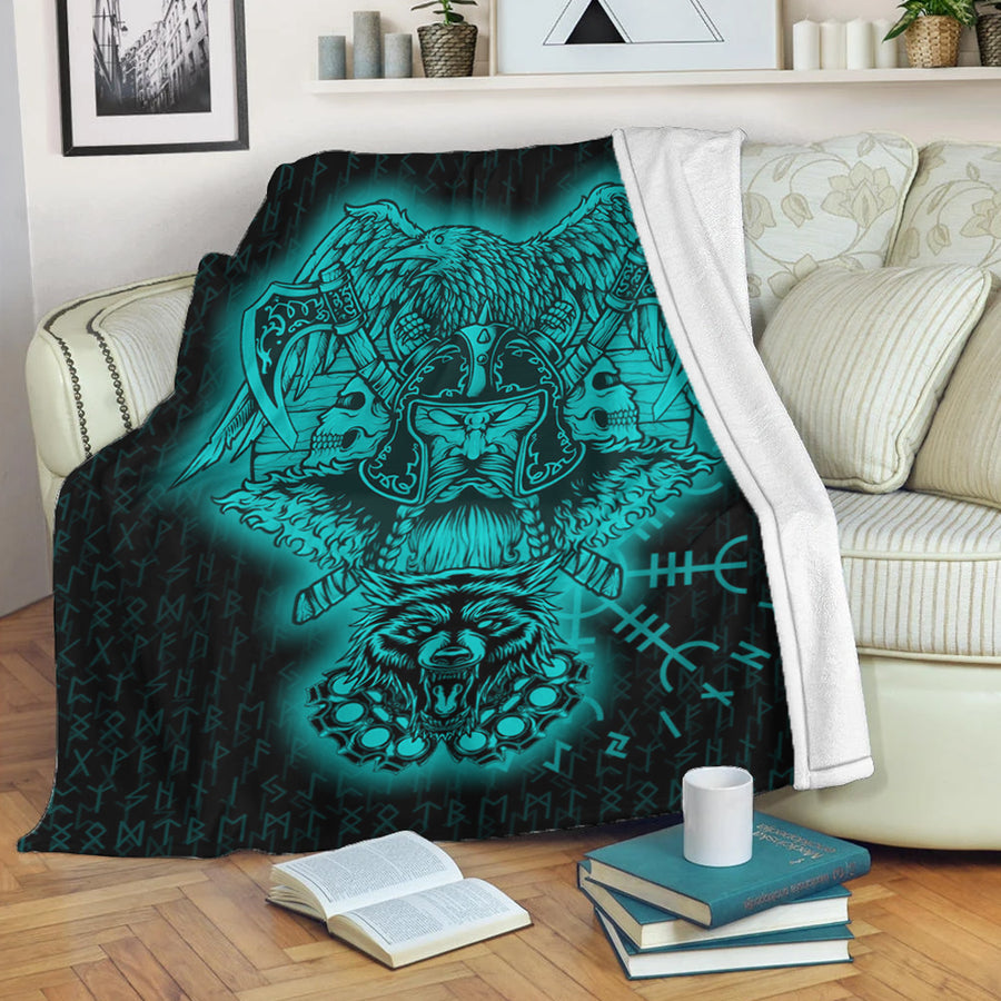 Ligerking Premium Blanket -Odin And Raven Wolf Turquoise Viking Homeset Premium Blanket A95