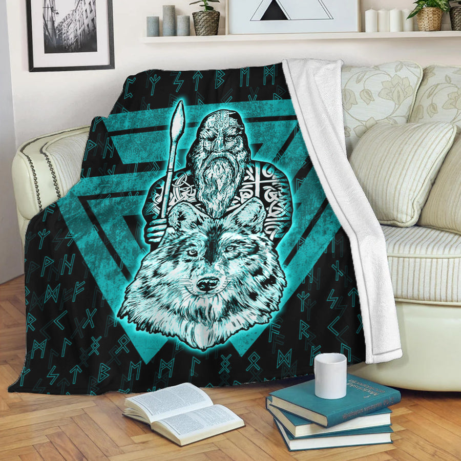 Ligerking Premium Blanket -Viking Odin Wolf Turquoise Premium Blanket A95