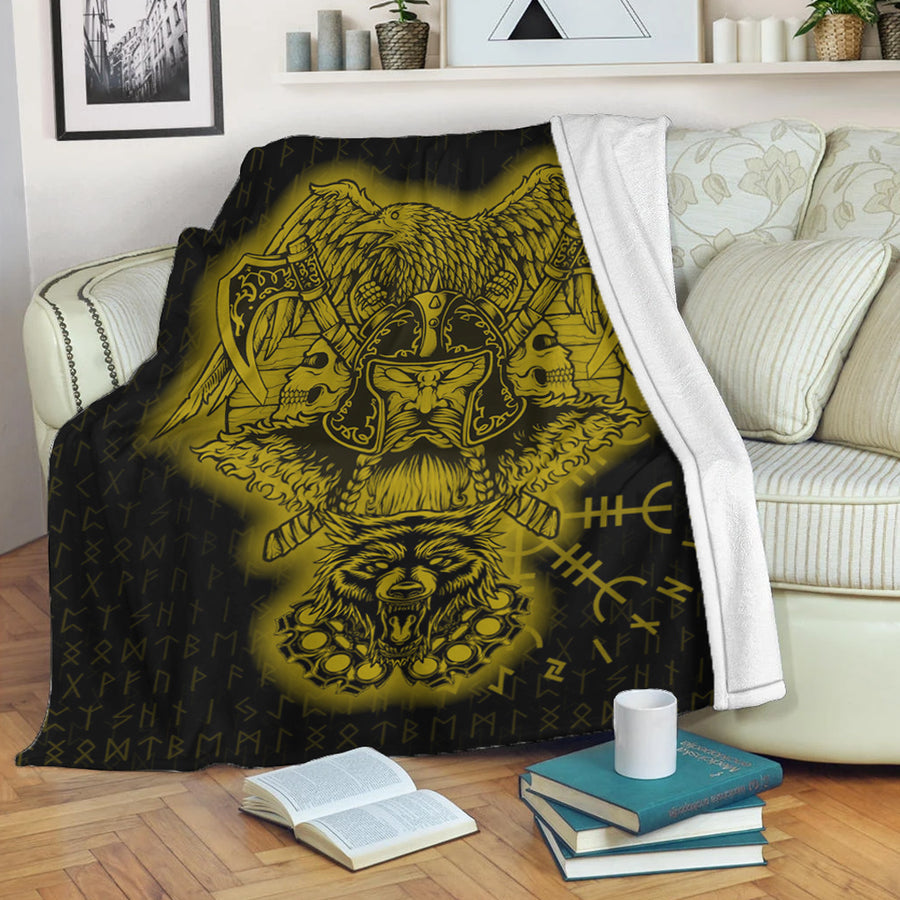 Ligerking Premium Blanket -Odin And Raven Wolf Gold Viking Homeset Premium Blanket A95