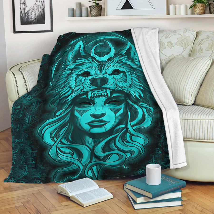 Ligerking Premium Blanket - Valkyries And Wolf Moon Turquoise Premium Blanket A95