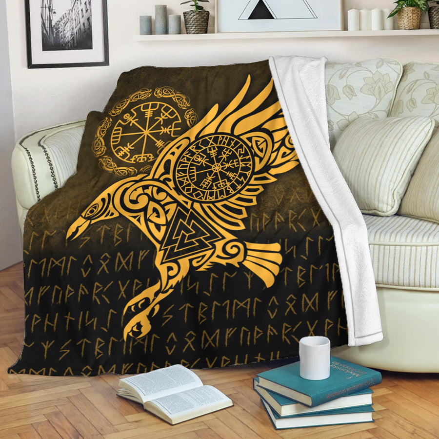 Ligerking Premium Blanket - Raven Vegvisir Tattoo - Gold Version Premium Blanket A7