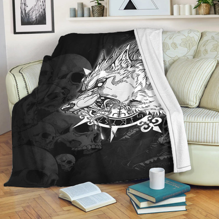 Ligerking Premium Blanket - Fenrir Wolf Skull and Sun Vegvisir Premium Blanket A35