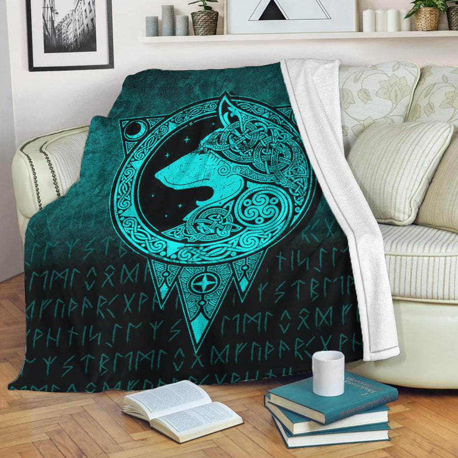 Ligerking Premium Blanket - Viking Norse Wolf - Cyan Version Premium Blanket A7