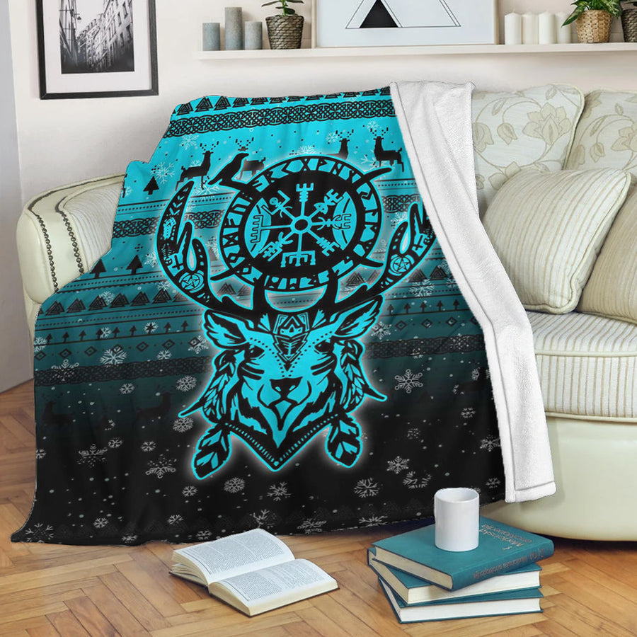 Ligerking Premium Blanket -Viking Reindeer Vegvisir Cyan Premium Blanket A94