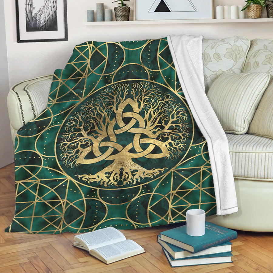 Ligerking Premium Blanket - Tree of Life with Triquetra Malachite and Gold Premium Blanket A7