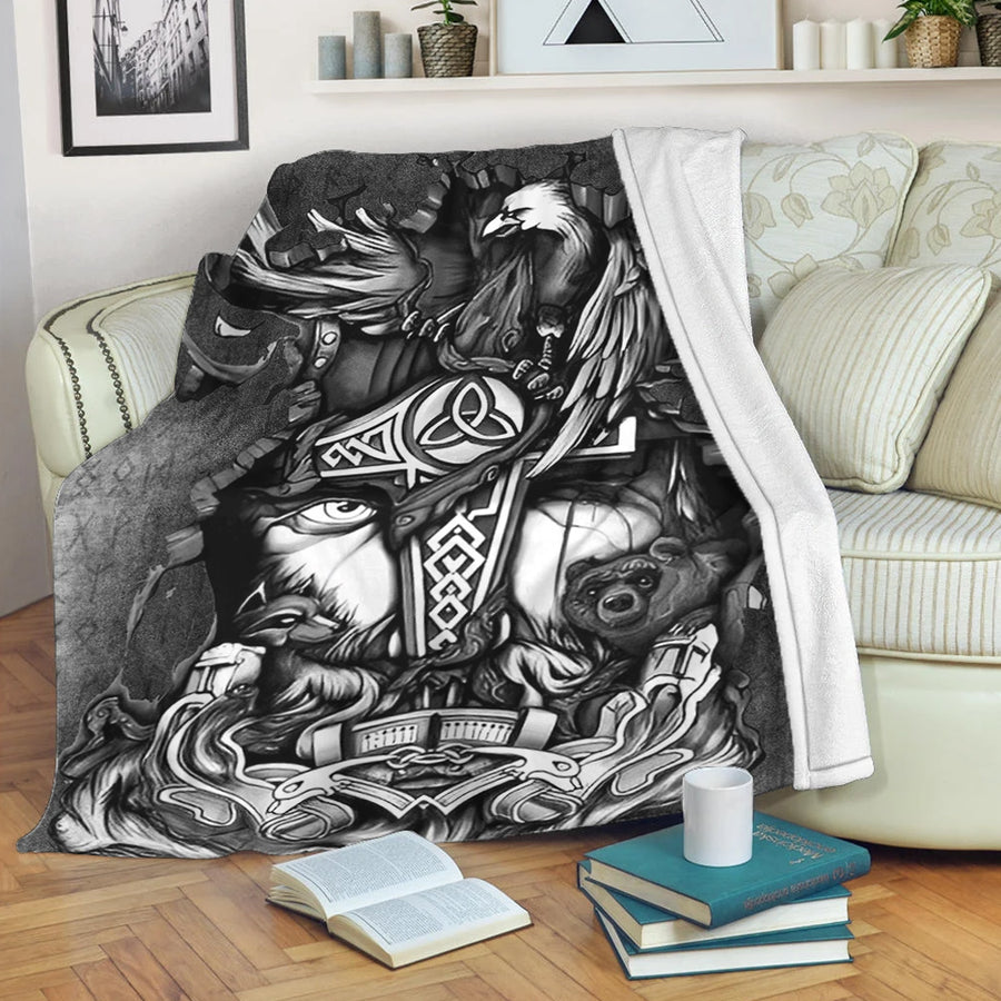 Ligerking Premium Blanket - Viking Odin Wolf Bear Raven Premium Blanket A95