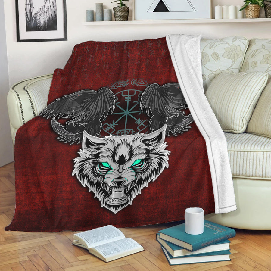 Viking Premium Blanket - Fenrir Hugin and Munin Green Vegvisir Rune Premium Blanket A35