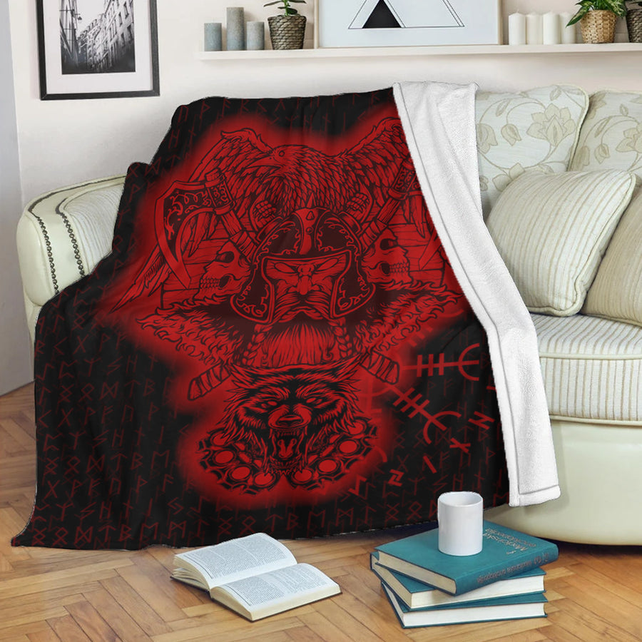 Ligerking Premium Blanket -Odin And Raven Wolf Red Viking Homeset Premium Blanket A95