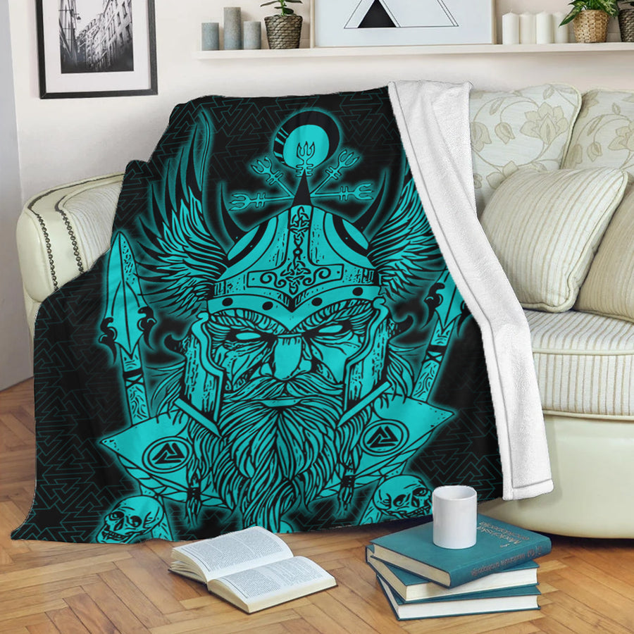 Ligerking Premium Blanket -Odin And Raven Turquoise Text Viking Homeset Premium Blanket A95