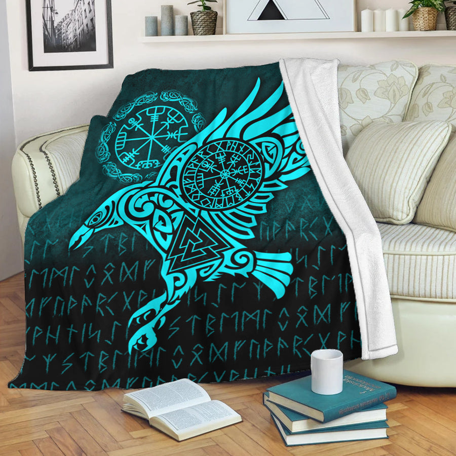 Ligerking Premium Blanket - Raven Vegvisir Tattoo - Cyan Version Premium Blanket A7