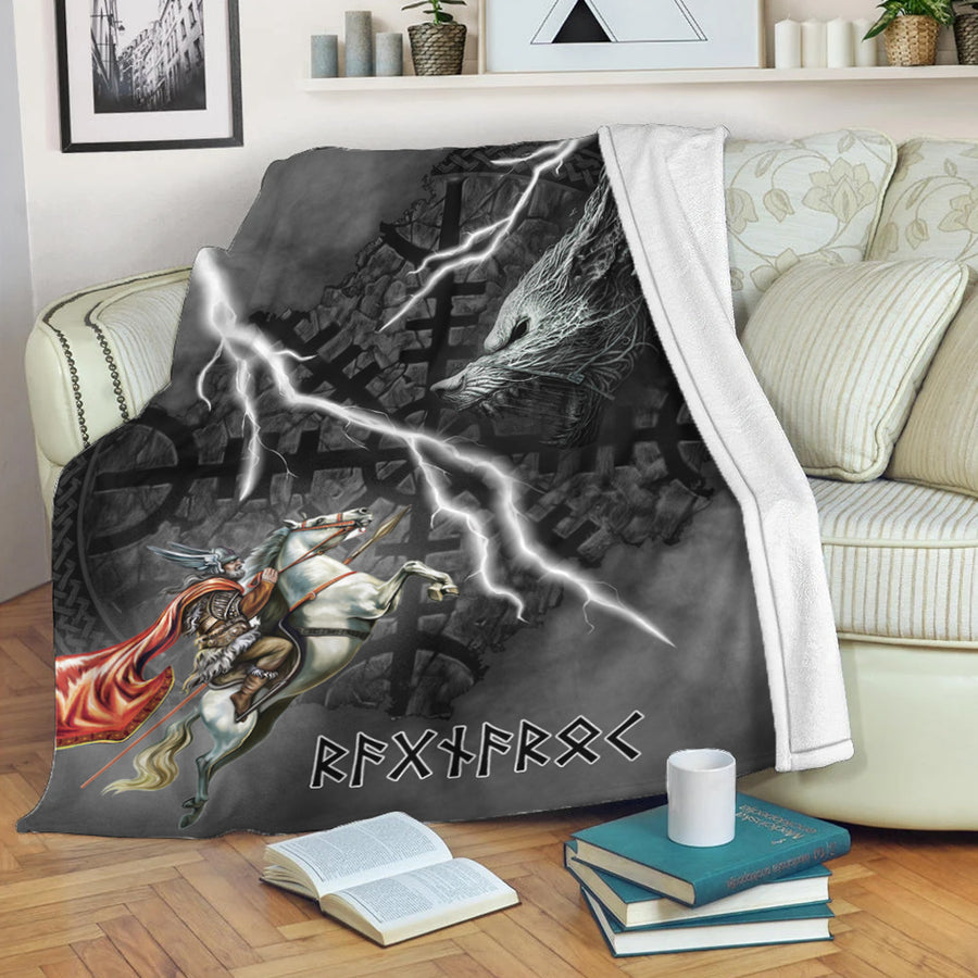 Ligerking Premium Blanket - Odin and Fenrir Thunder Background Premium Blanket A35