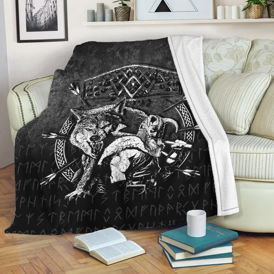 Ligerking Premium Blanket - Fenrir Wolf Of Odin Norse Runes Thor Hammer Mjolnir Premium Blanket A7