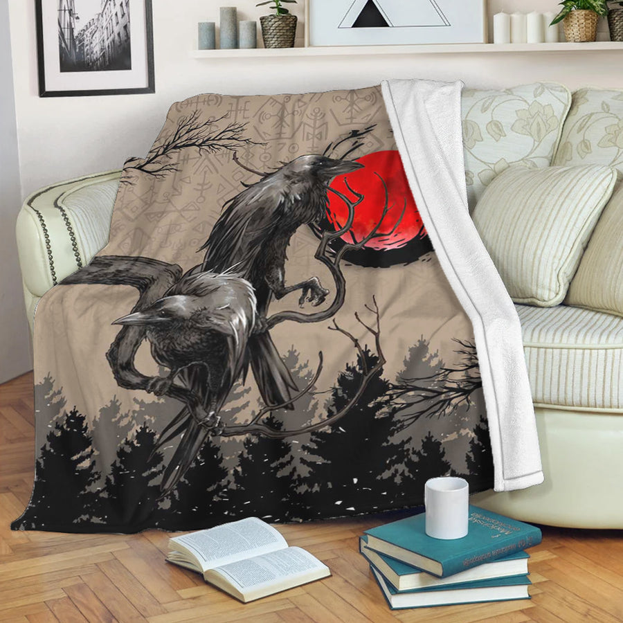 Ligerking Premium Blanket - Viking Huginn and Muninn Raven on Tree Branch and Blood Moon Premium Blanket A35