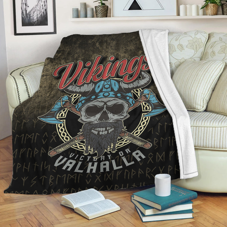 Ligerking Premium Blanket - Vikings-Victory-or-Valhalla-Skull-With-Crossed- Axe Premium Blanket A7