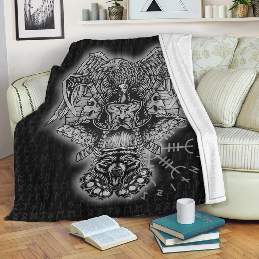 Ligerking Premium Blanket -Odin And Raven Wolf Viking Homeset Premium Blanket A95