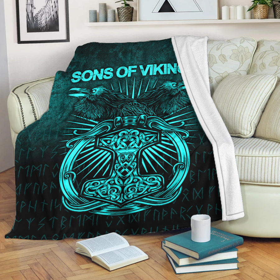 Ligerking Premium Blanket - Vikings Ravens Mjolnir - Cyan Version Premium Blanket A7