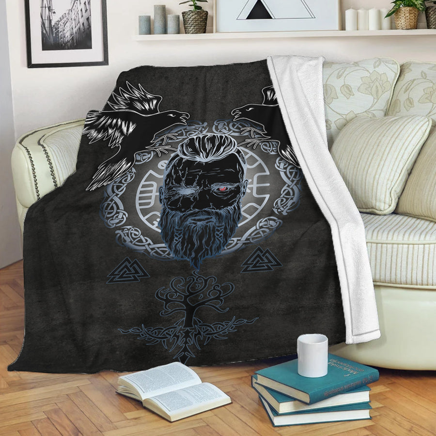 Viking Premium Blanket - Odin Hugin and Munin Valknut Yggdrasil White Rune Premium Blanket A35