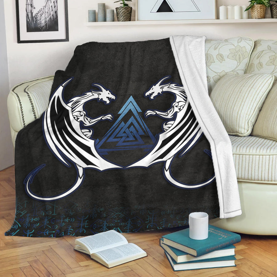 Viking Premium Blanket - Double Dragon Valknut Rune Circle Vegvisir Premium Blanket A35