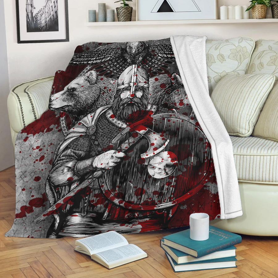 Ligerking Premium Blanket - Viking Odin Bear Raven Wolf Blood Premium Blanket A95