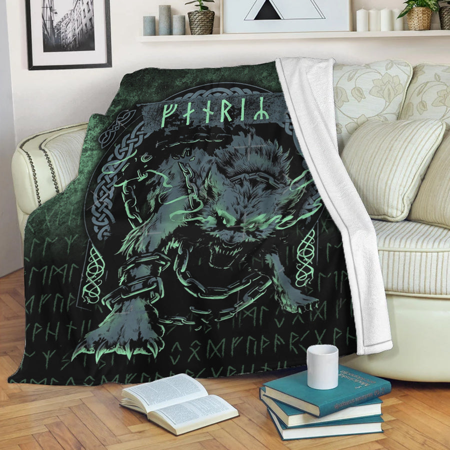 Ligerking Premium Blanket - Fenrir Wolf Norse Futhark Runes Viking Mythology Ragnarok Green Premium Blanket A7