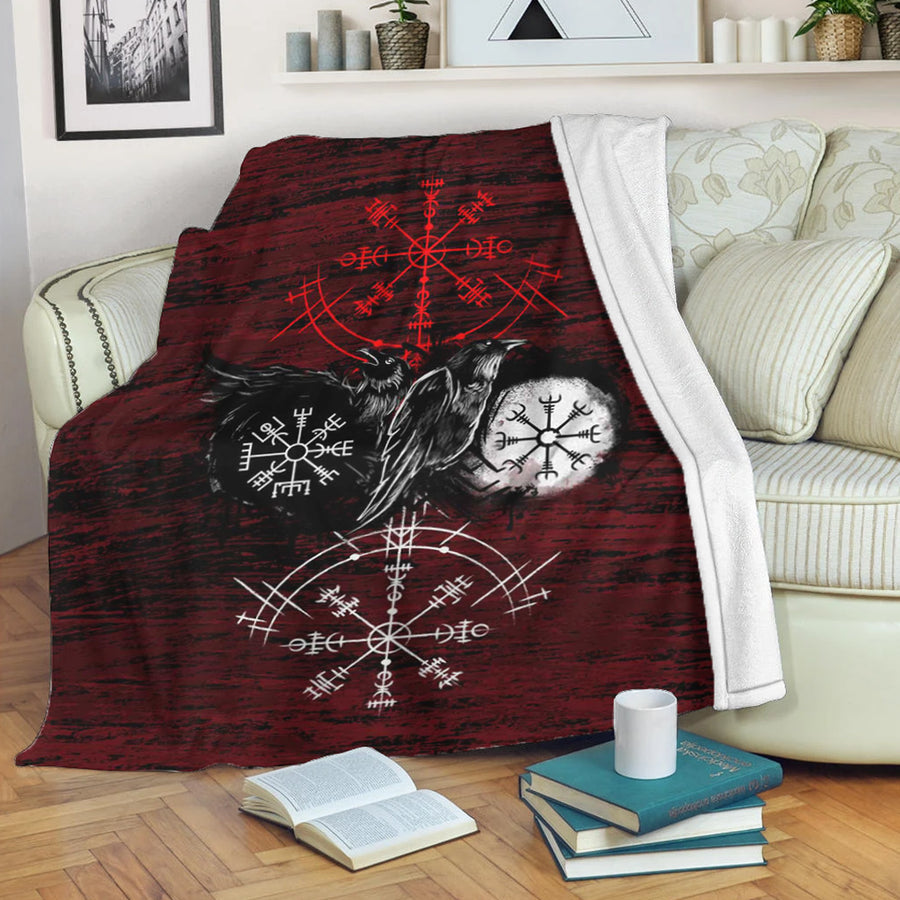 Ligerking Premium Blanket - Raven of Odin and Symbol Viking on Blood Background A27 Premium Blanket A27