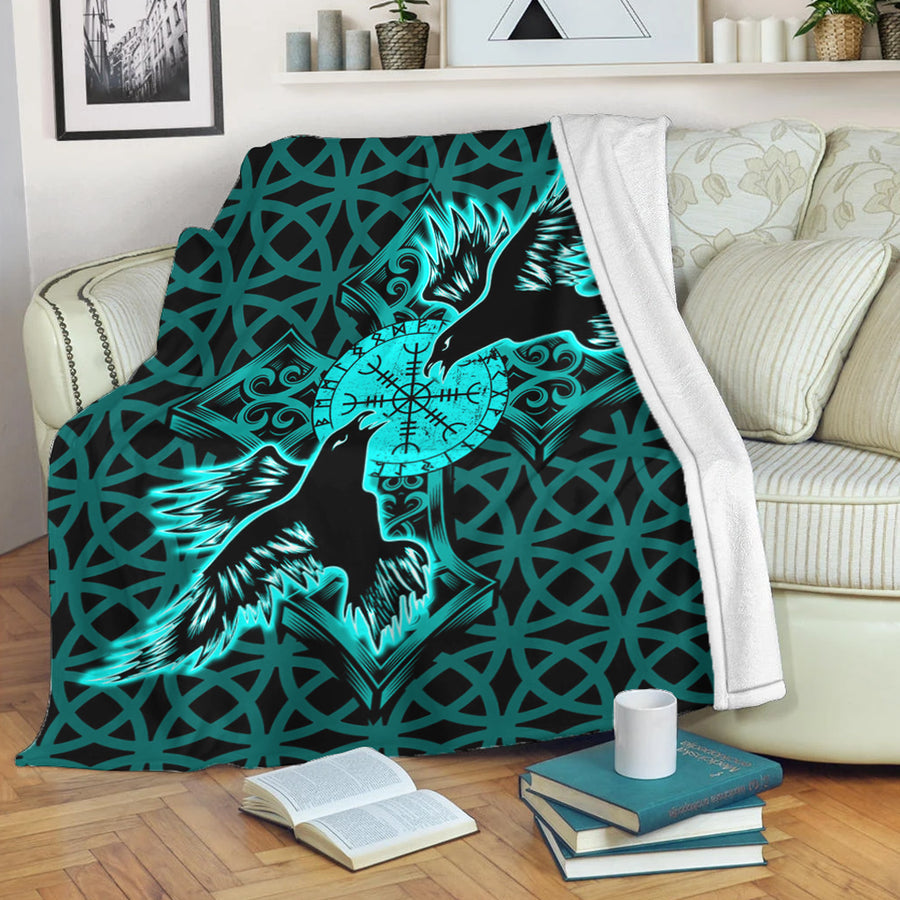 Ligerking Premium Blanket -Viking Raven Cross Turquoise Premium Blanket A95