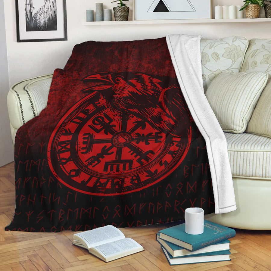 Ligerking Premium Blanket - Viking Vegvisir Rune with Crow - Red Version Premium Blanket A7