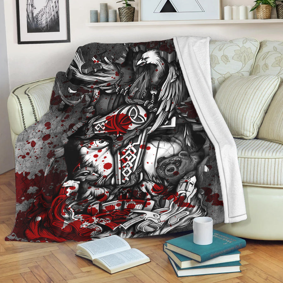 Ligerking Premium Blanket - Viking Odin Wolf Bear Raven Blood Premium Blanket A95