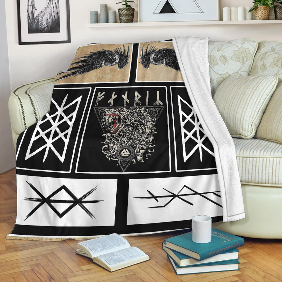 Viking Premium Blanket - Fenrir Raven and Rune Premium Blanket A35