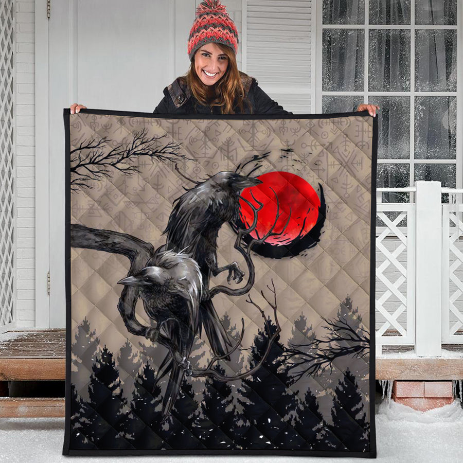 Ligerking Quilt - Viking Huginn and Muninn Raven on Tree Branch and Blood Moon Quilt A35