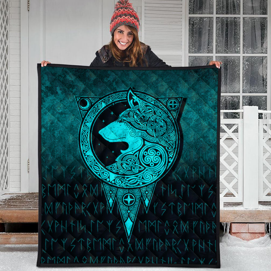 Ligerking Quilt - Viking Norse Wolf - Cyan Version Quilt A7