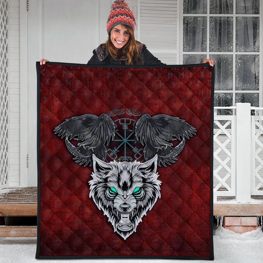 Ligerking Quilt - Fenrir Hugin and Munin Green Vegvisir Rune Quilt A35