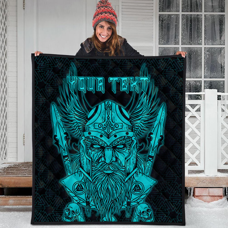 Ligerking Quilt -Odin And Raven Turquoise Text Viking Homeset Quilt A95