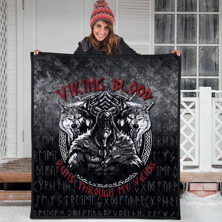 Ligerking Quilt - Odin Geri And Freki Wolfs Viking Blood Runs Through My Veins Quilt A7