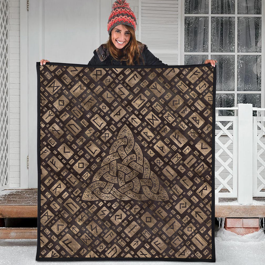 Ligerking Quilt - Triquetra & Runic Alphabet Wood and Gold Quilt A7