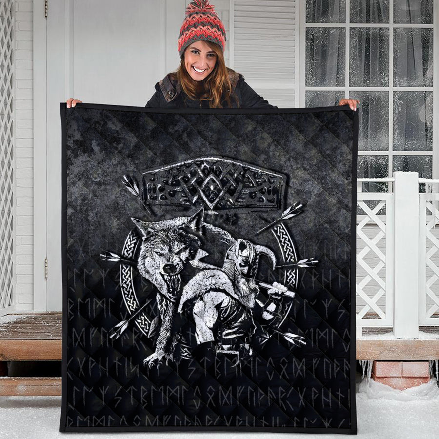 Ligerking Quilt -Fenrir Wolf Of Odin Norse Runes Thor Hammer Mjolnir Quilt A7