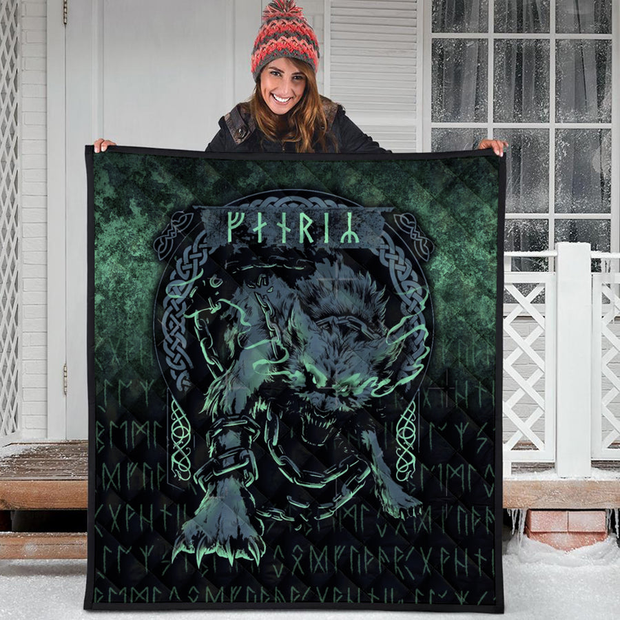 Ligerking Quilt - Fenrir Wolf Norse Futhark Runes Viking Mythology Ragnarok Green Quilt A7