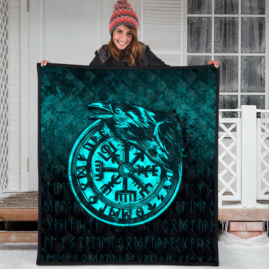 Ligerking Quilt - Viking Vegvisir Rune with Crow - Cyan Version Quilt A7