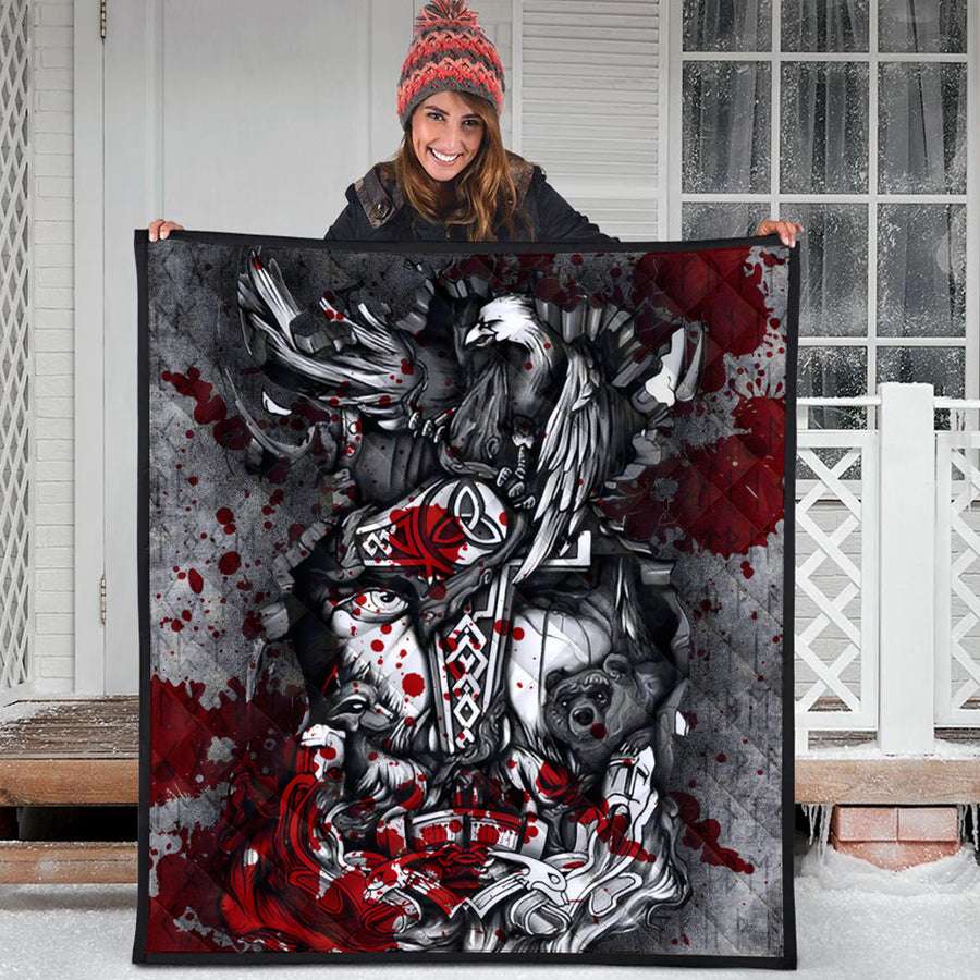 Ligerking Quilt - Viking Odin Wolf Bear Raven Blood Quilt A95