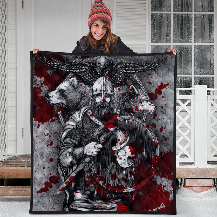Ligerking Quilt - Viking Odin Bear Raven Wolf Blood Quilt A95