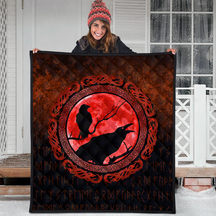 Ligerking Quilt - Vikings Huginn Muninn Odinâ€™s Ravens - Red Version Quilt A7