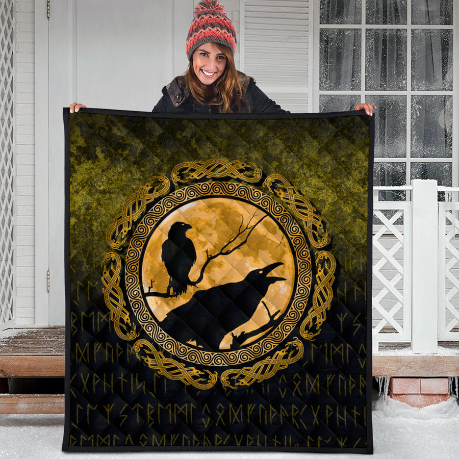 Ligerking Quilt - Vikings Huginn Muninn Odinâ€™s Ravens - Gold Version Quilt A7