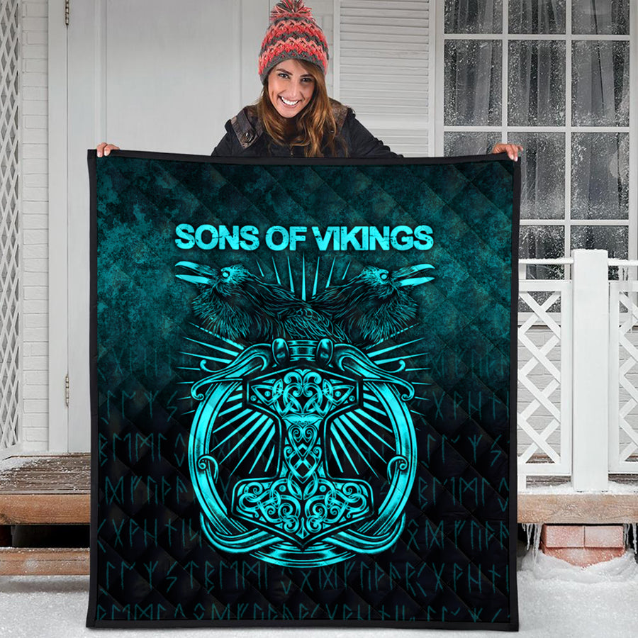 Ligerking Quilt - Vikings Ravens Mjolnir - Cyan Version Quilt A7