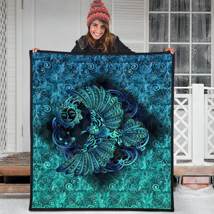Ligerking Quilt - Odin's Celtic Raven on the Background Yggdrasil Tree Cyan Celtic Tattoo Quilt A35