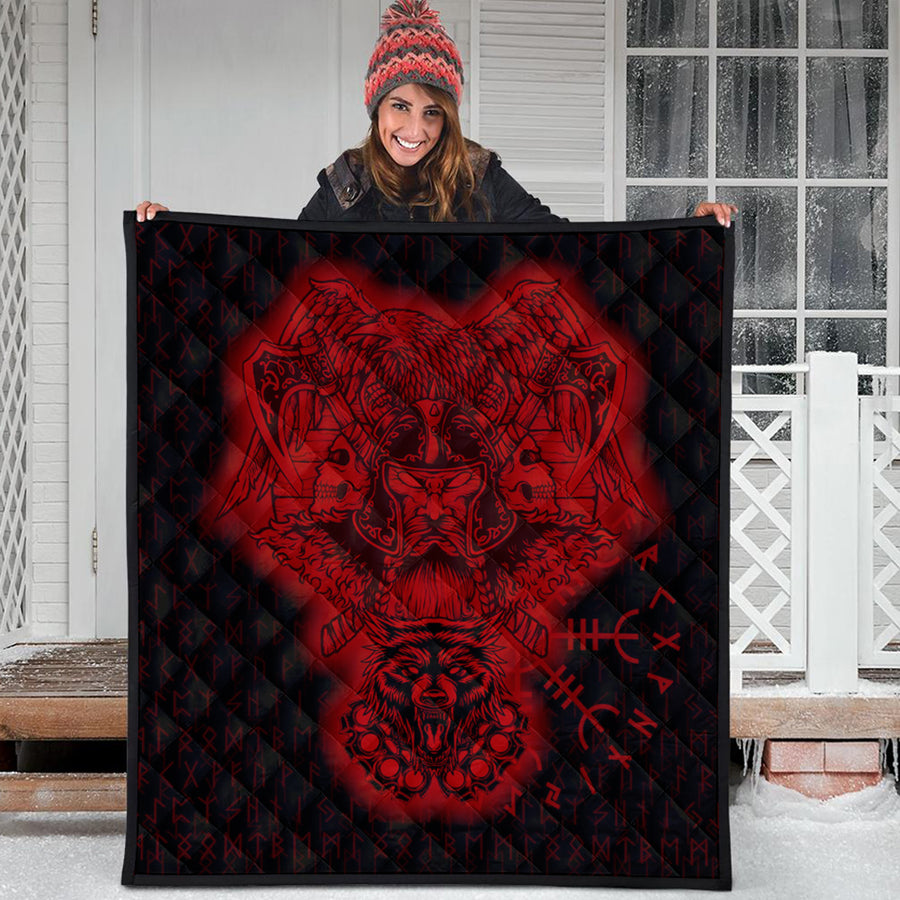 Ligerking Quilt -Odin And Raven Wolf Red Viking Homeset Quilt A95